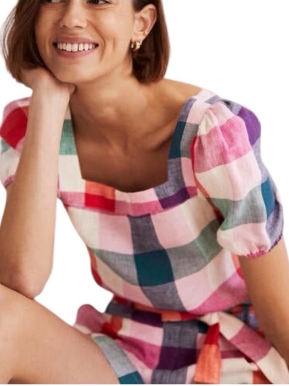 Boden Gingham Check Linen Square Neck Short Puff Sleeve Top - Picture 4 of 9